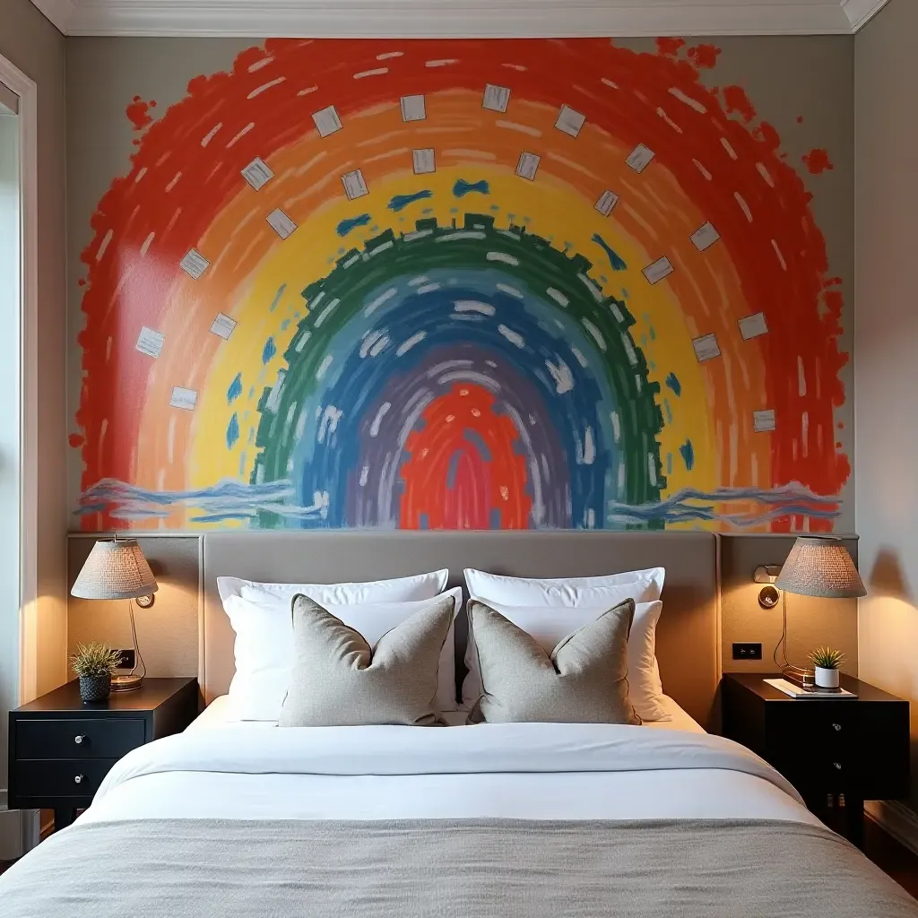 a photo of a bold statement mural painted above a bed