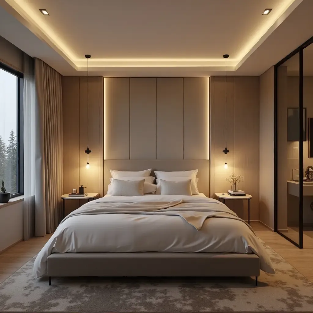 a photo of a smart bedroom featuring integrated technology and smart lighting