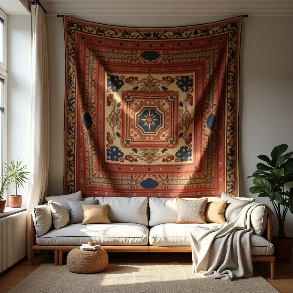 a photo of a cozy living room with a tapestry draped on the wall