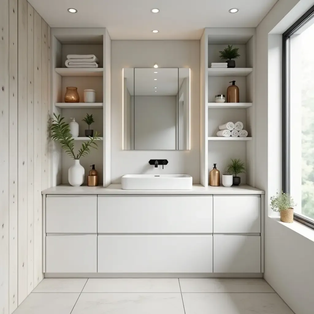 a photo of a chic bathroom with open shelving and minimalist accessories