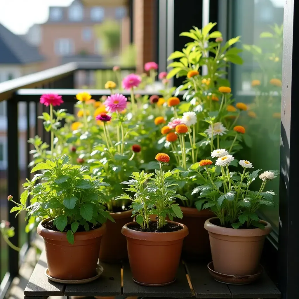 a photo of a balcony garden with a mix of flowers and vegetables