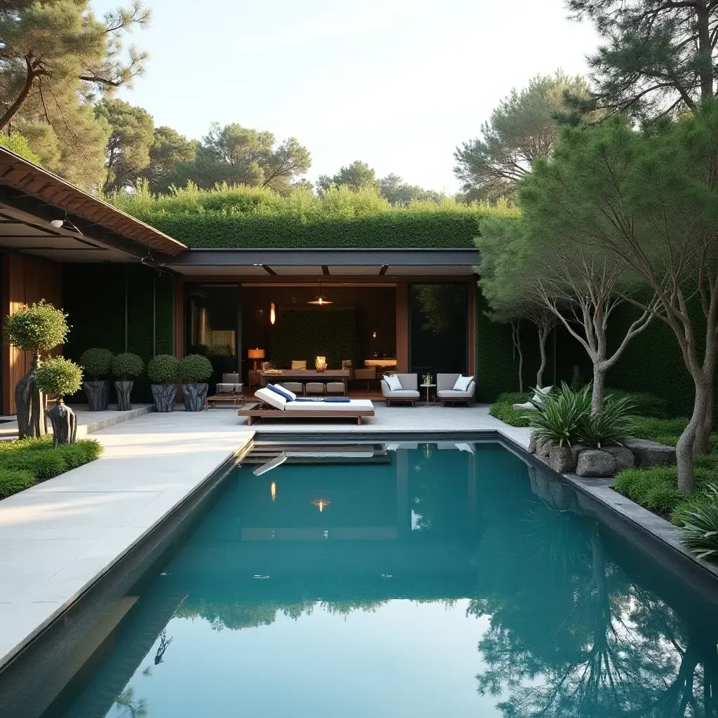 a photo of an elegant pool deck adorned with metallic sculptures and plants