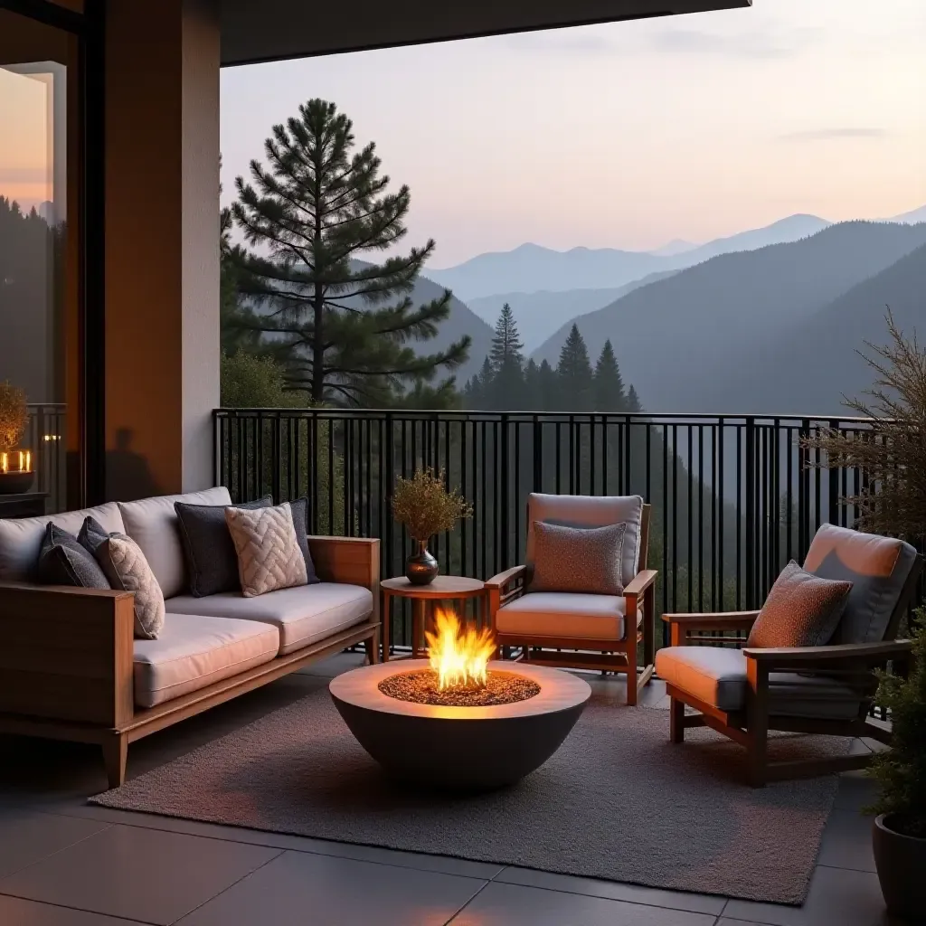 a photo of a balcony featuring a mini fire pit and seating