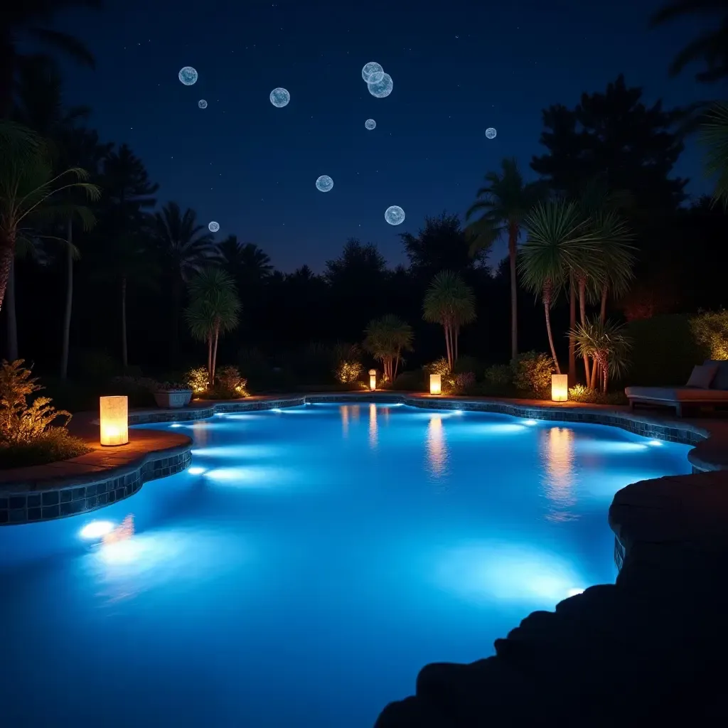 a photo of a magical nighttime pool scene with glowing orbs and lanterns