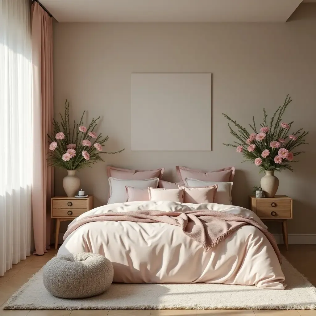 a photo of a dreamy bedroom with dusty pink and green floral arrangements