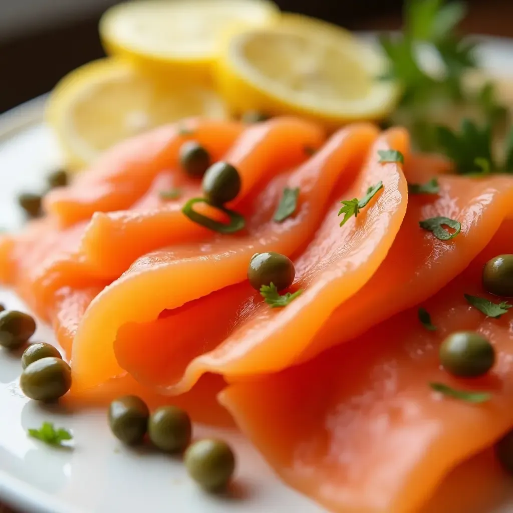 a photo of a sophisticated antipasto with smoked salmon, capers, and lemon slices.