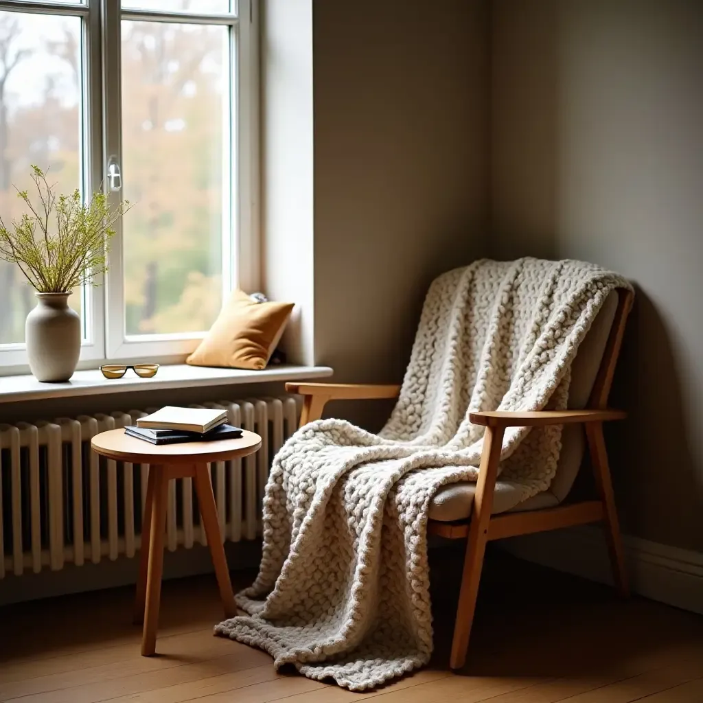 a photo of a warm reading corner with a knitted blanket and a side table