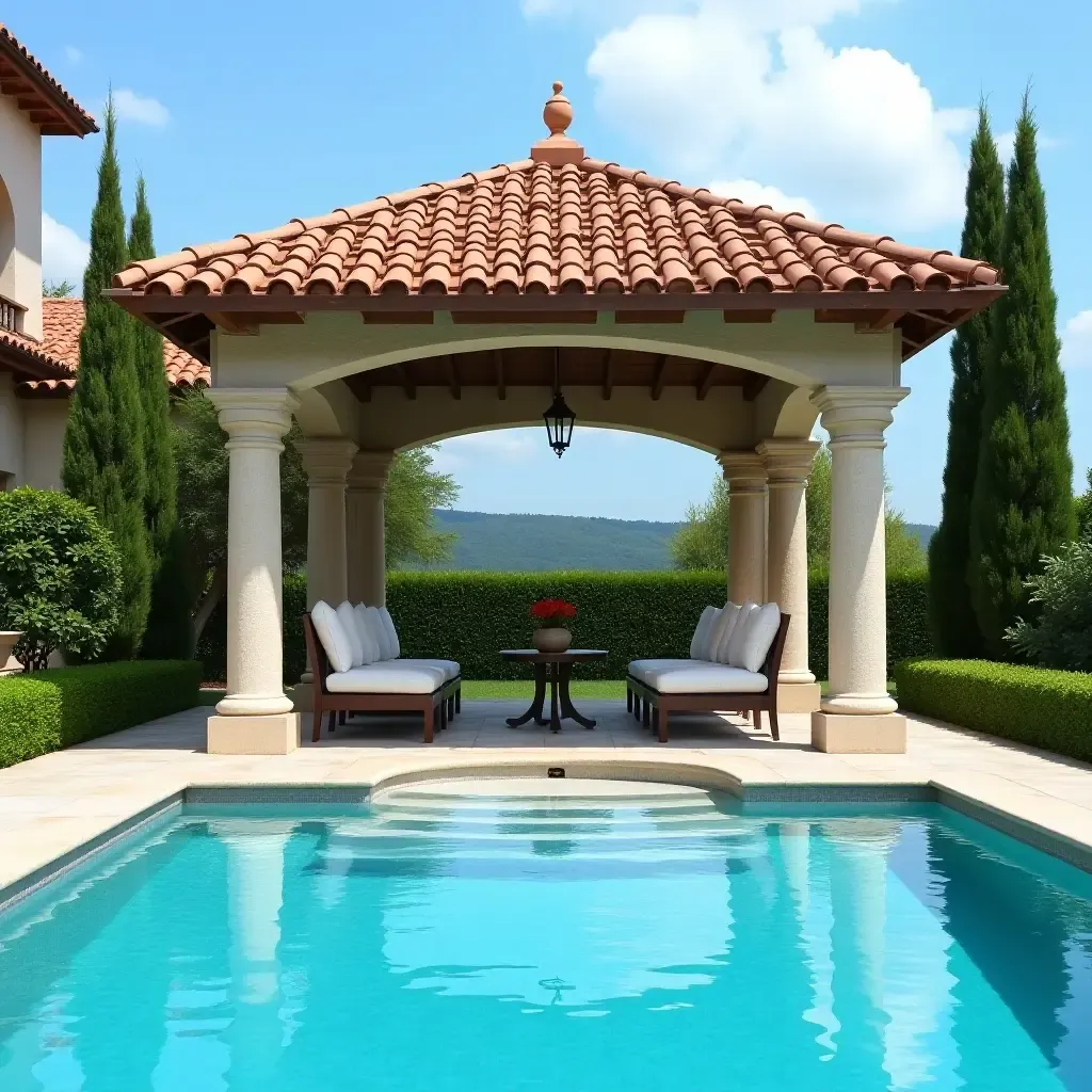 a photo of a Mediterranean-style gazebo overlooking a sparkling pool