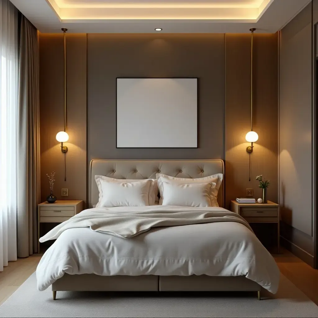 a photo of a sophisticated bedroom with gold light fixtures