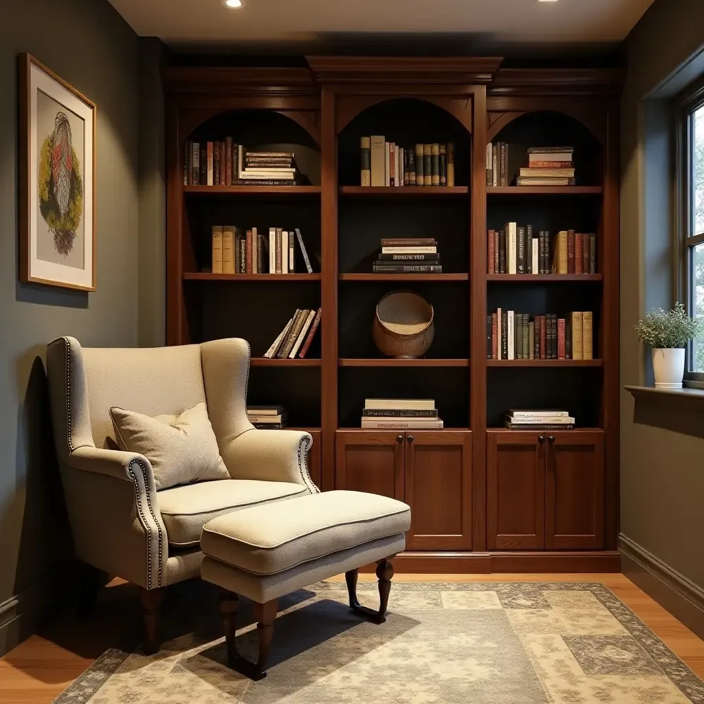 a photo of a basement reading nook with a comfortable chair and bookshelves