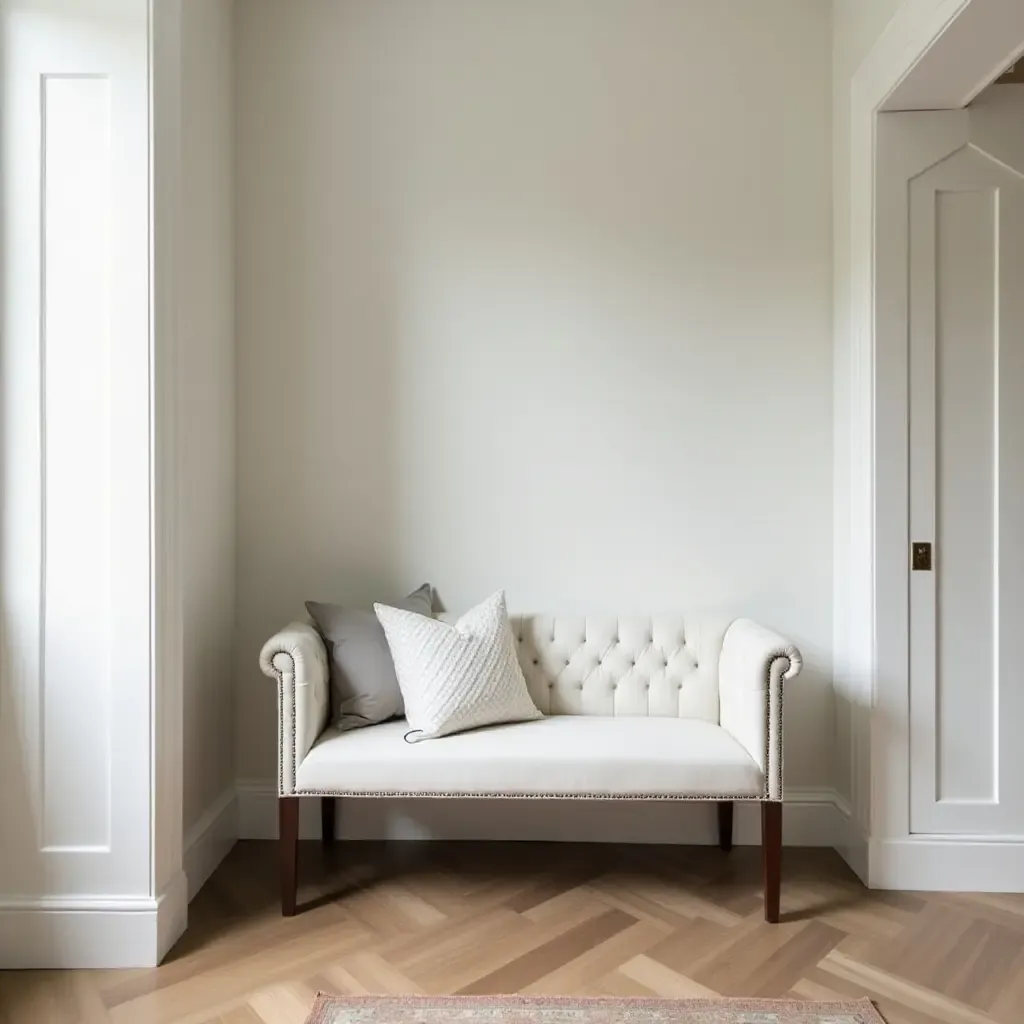 a photo of a classic bench with a tufted design in a traditional entryway