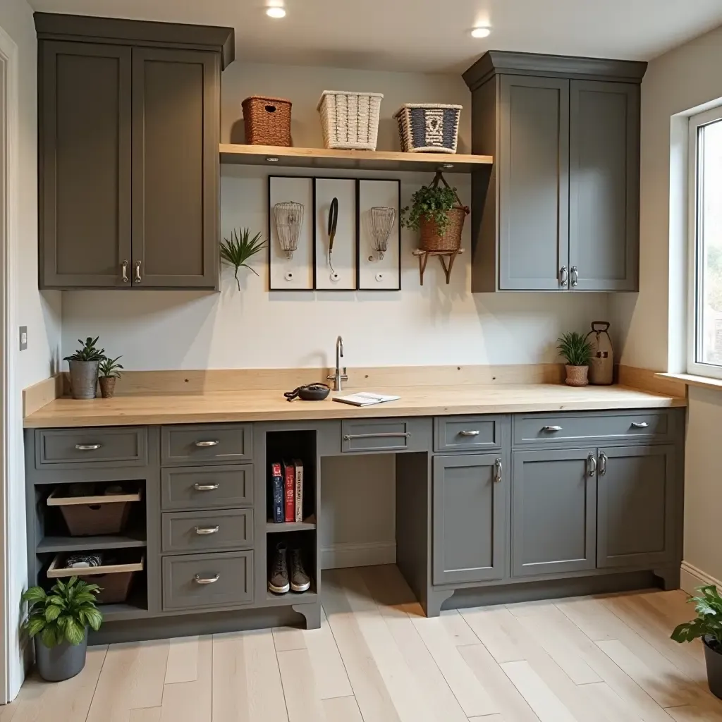 a photo of a basement craft area with metallic organizers