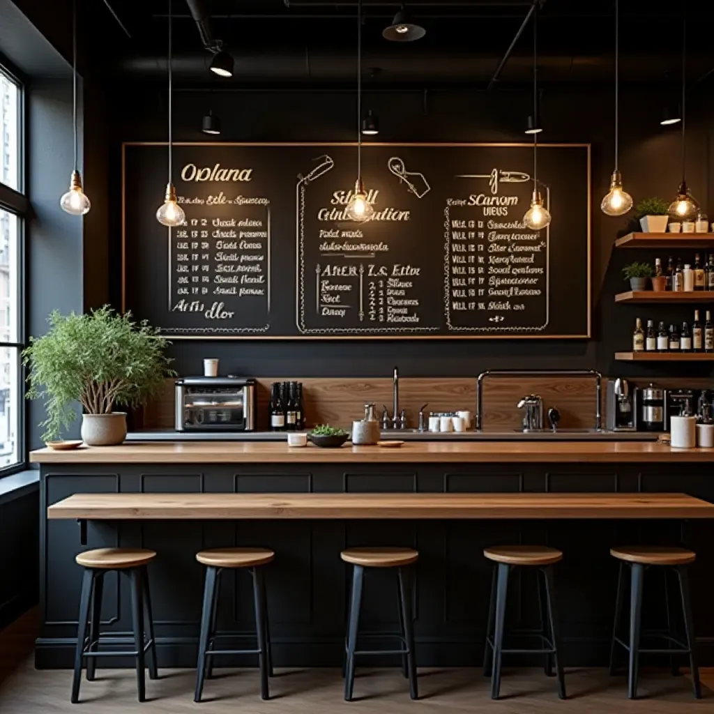 a photo of an industrial kitchen with a chalkboard menu and stylish lighting fixtures