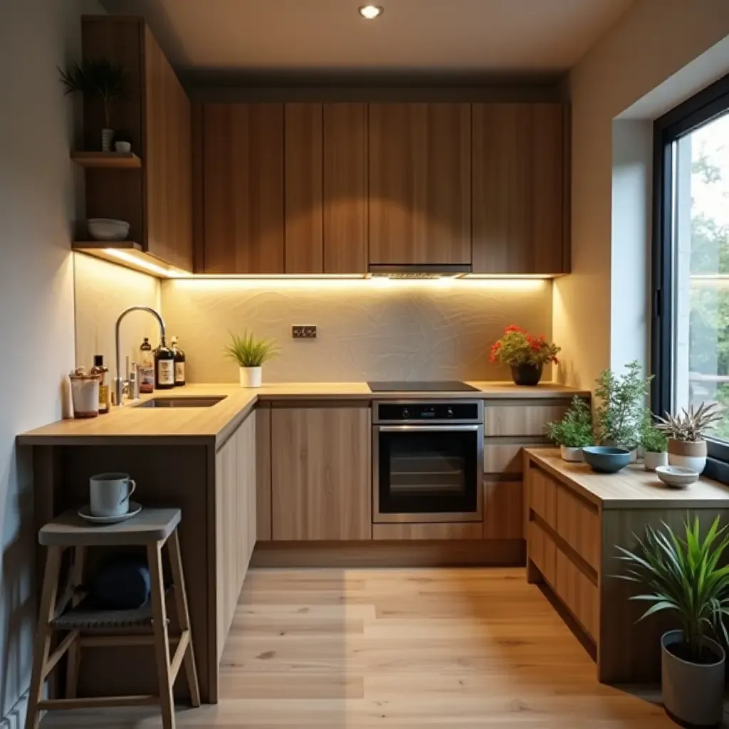 a photo of a small kitchen showcasing smart lighting and space-saving furniture