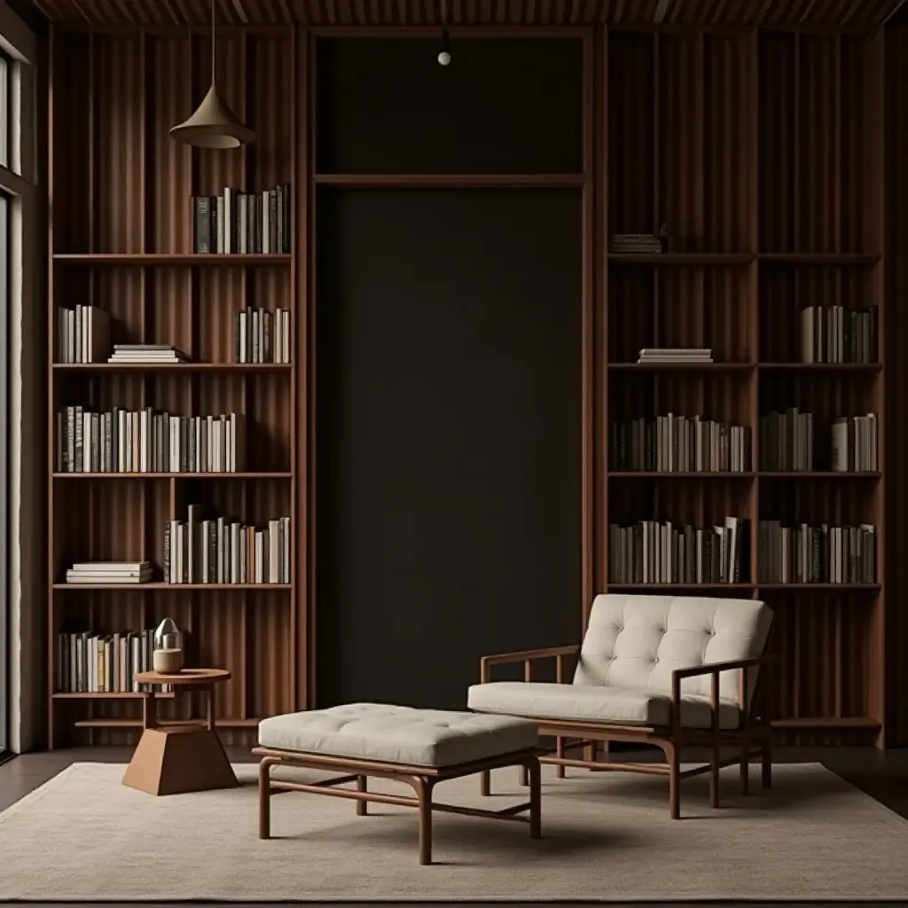 a photo of a minimalist library showcasing wood, metal, and textile harmony