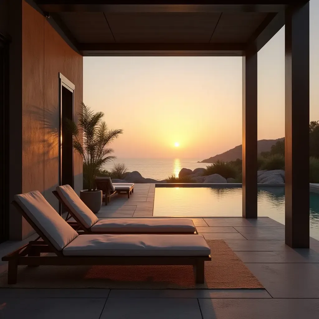 a photo of a comfortable lounge area with a view of the sunset by the pool