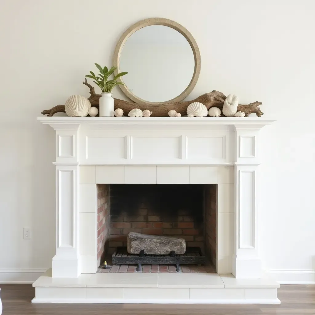 a photo of a coastal-themed fireplace mantel with seashells and driftwood