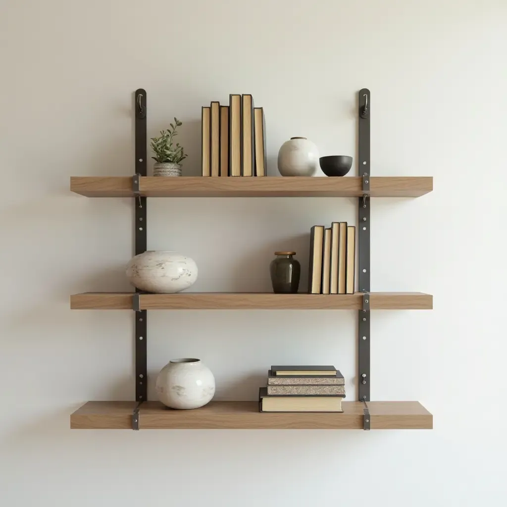 a photo of a wall-mounted bookshelf with decorative items