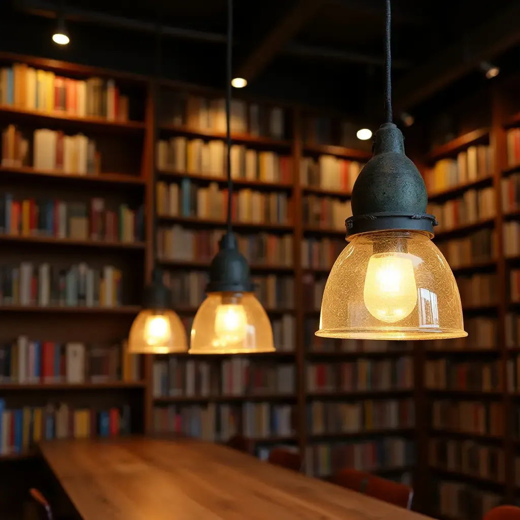 a photo of a library with pendant lights made from recycled materials