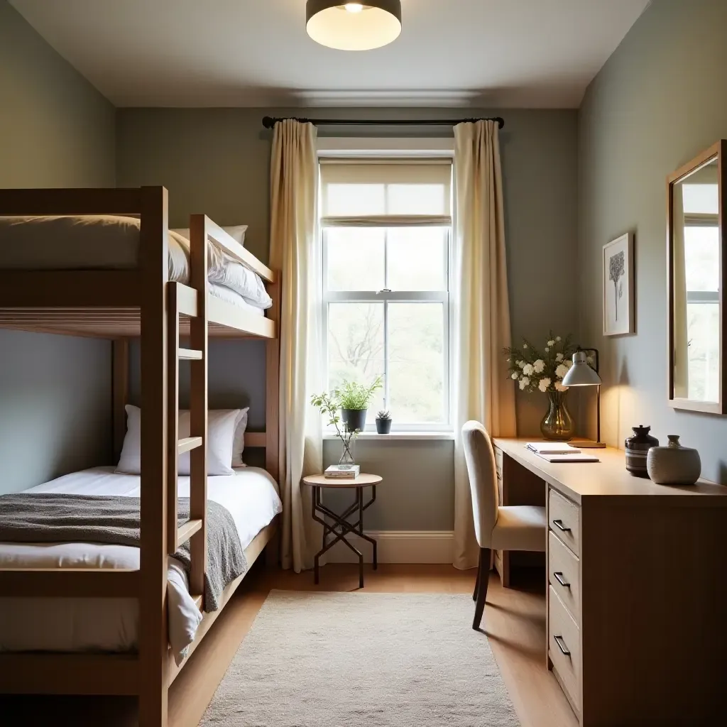 a photo of a cozy shared bedroom with bunk beds and a study area