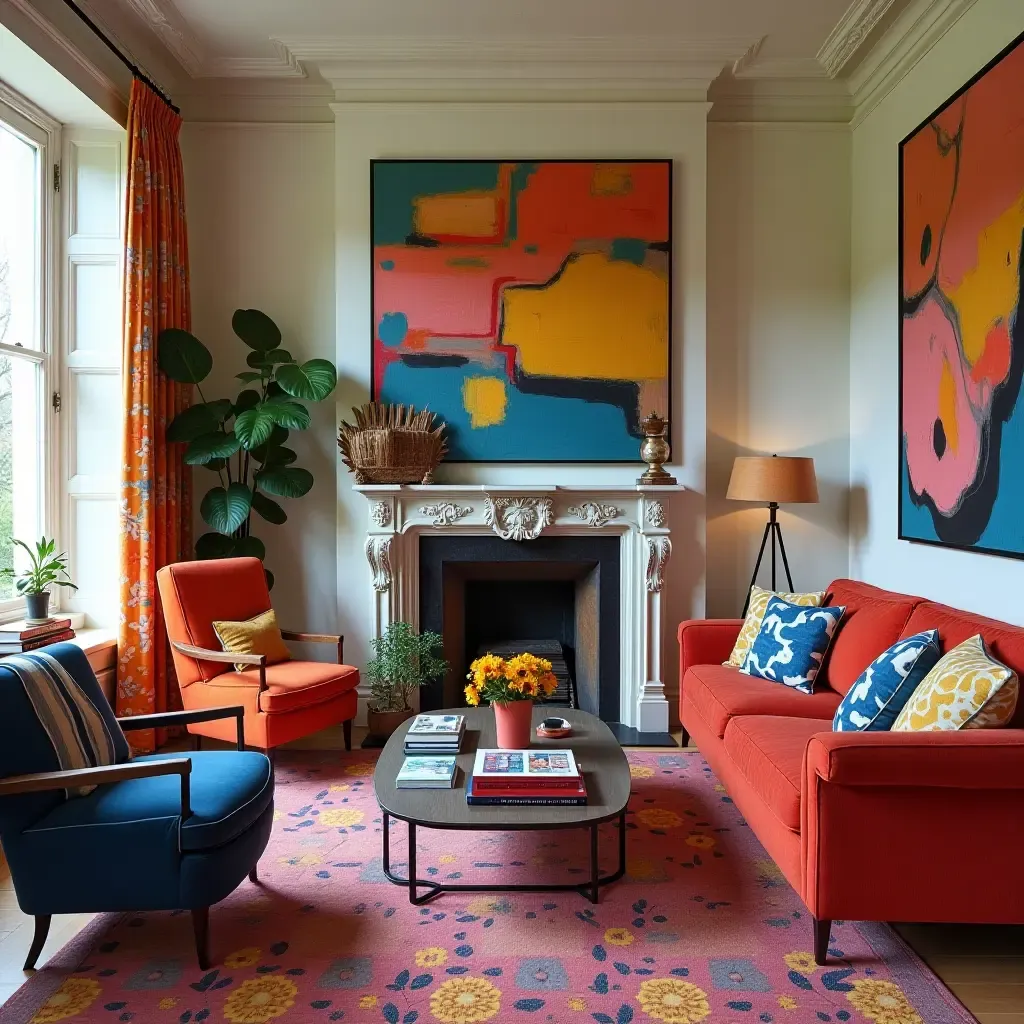 a photo of a colorful living room featuring bold patterns and unique accessories