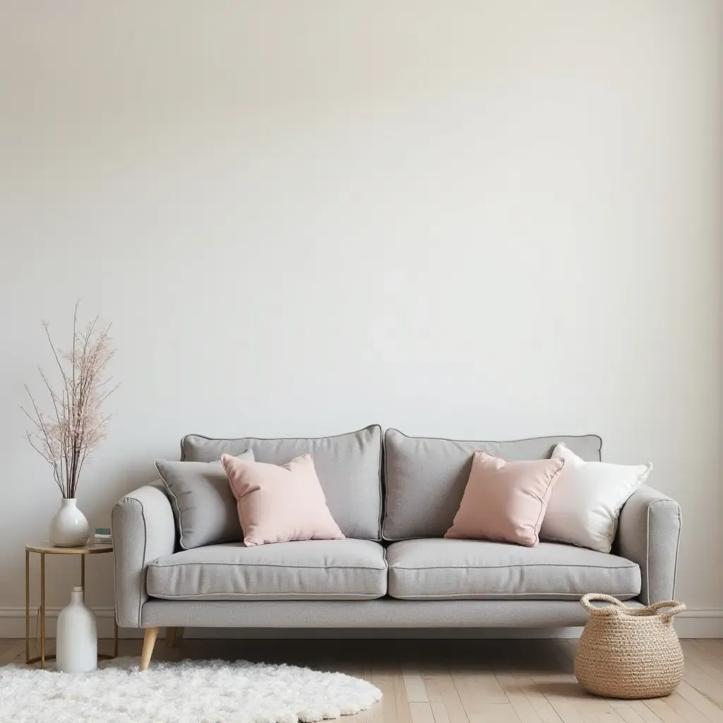 a photo of a grey sofa styled with soft pastel colors and delicate accessories