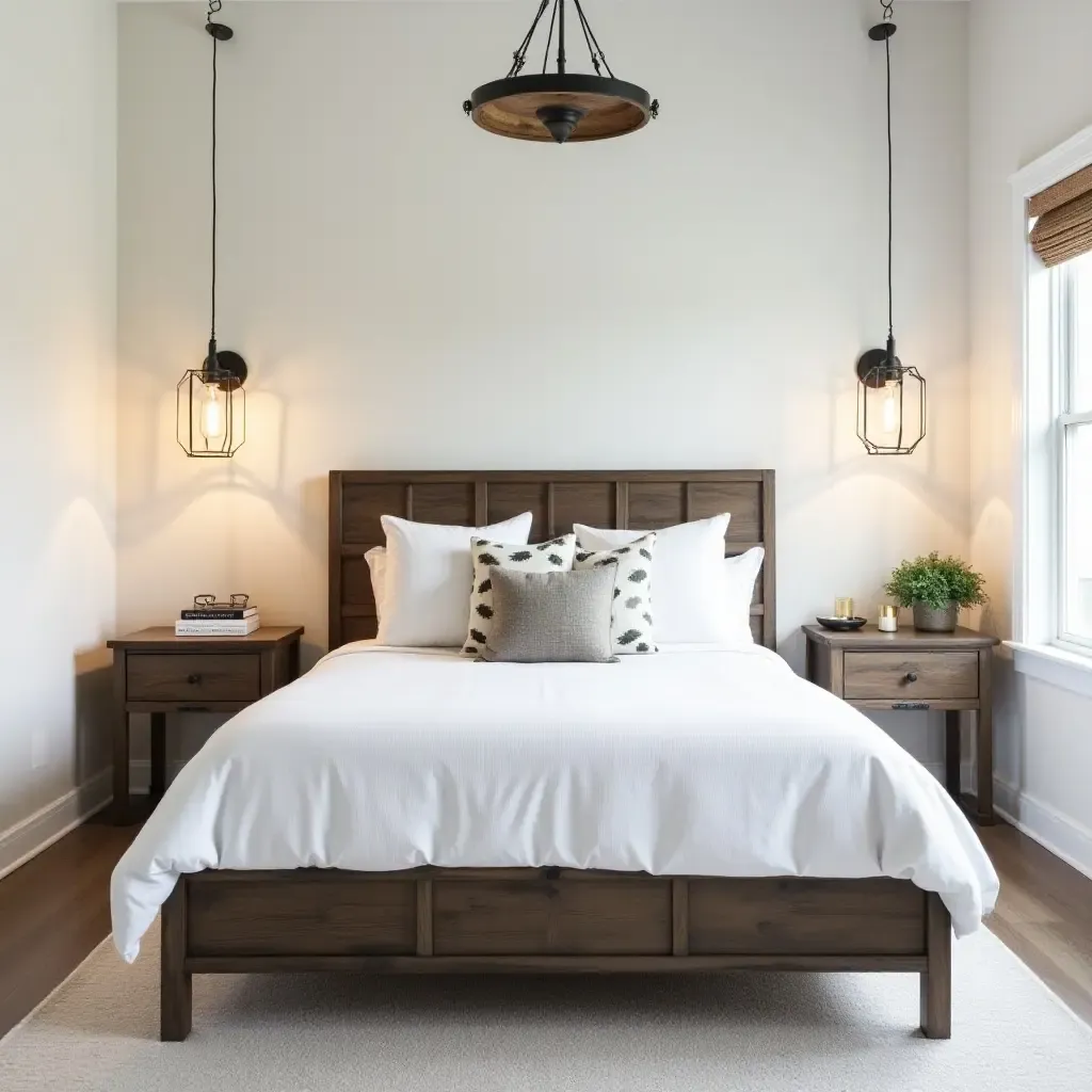 a photo of a farmhouse bedroom showcasing rustic pendant lighting above nightstands