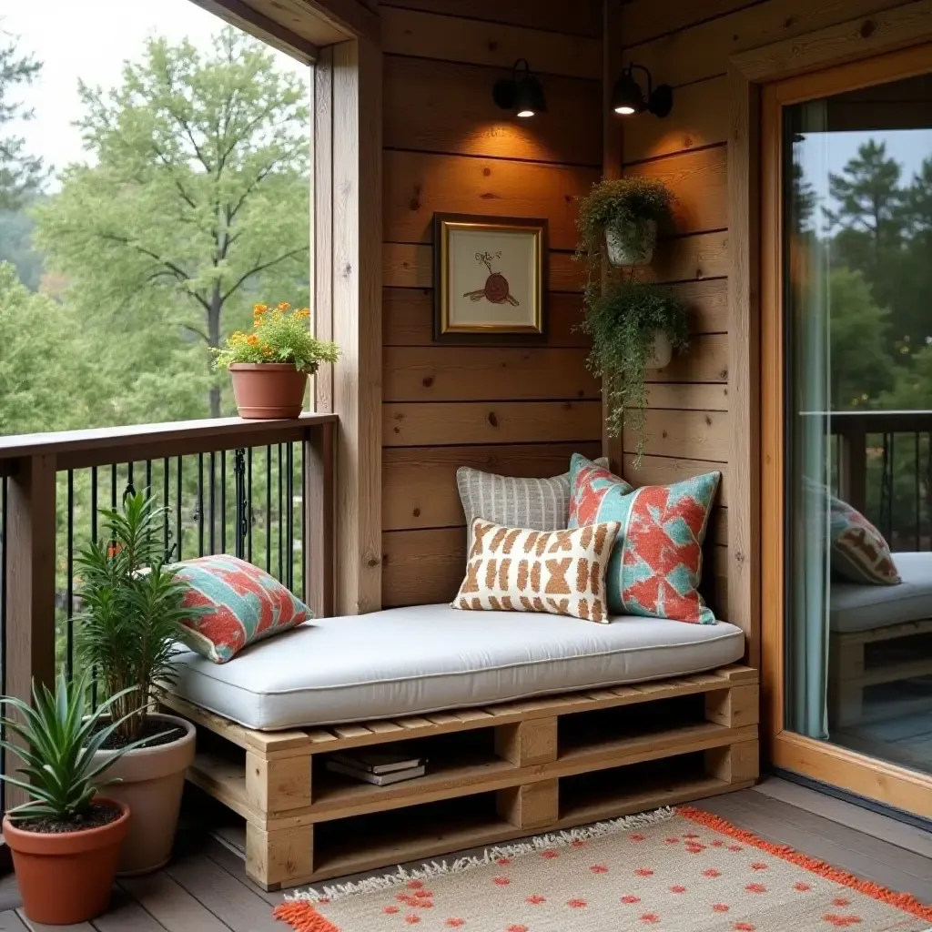 a photo of a balcony with a cozy reading nook made from pallets