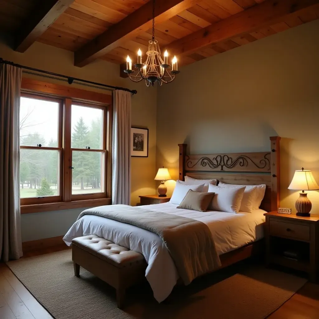 a photo of a rustic farmhouse bedroom with a modern chandelier and warm lighting