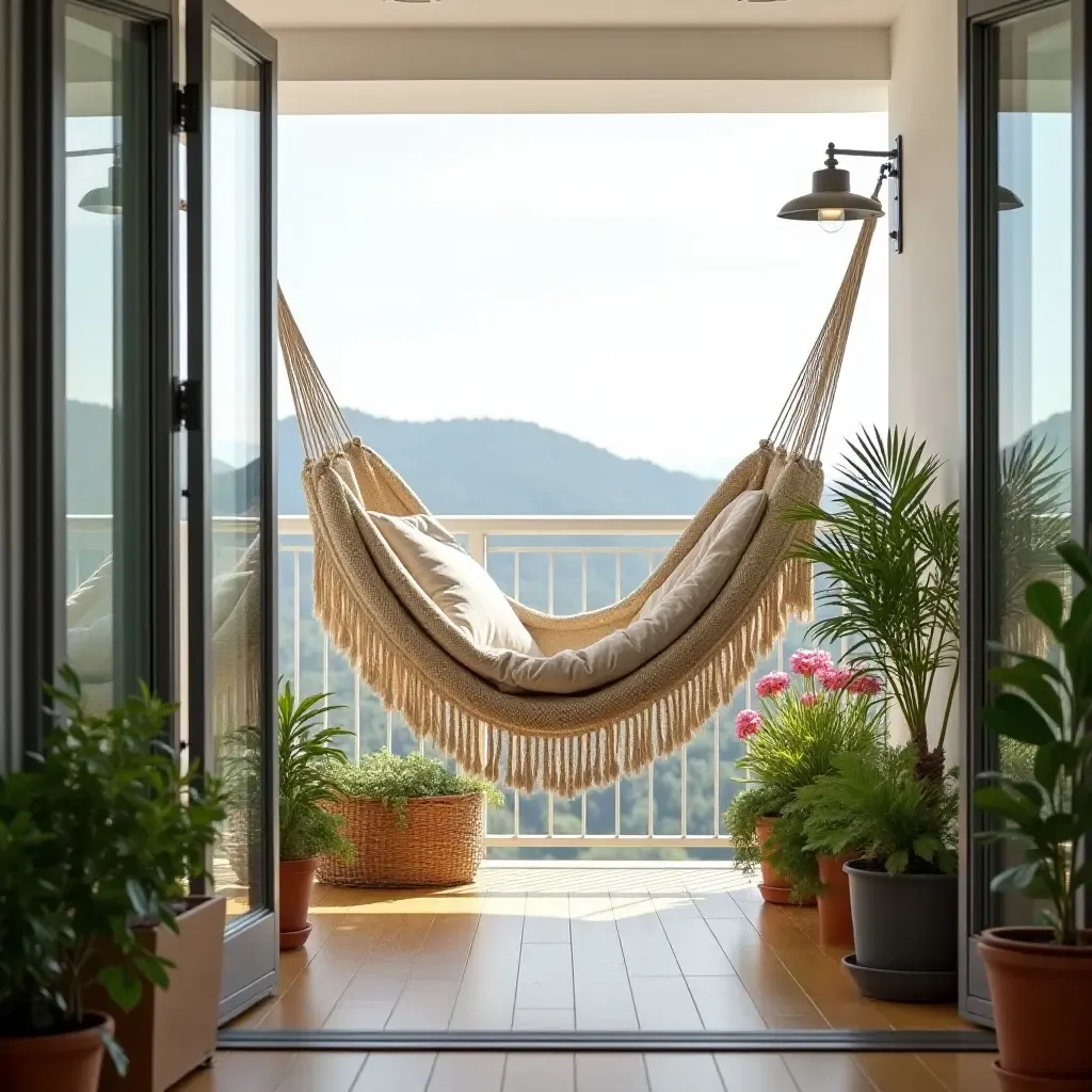 a photo of a stylish balcony featuring a hanging hammock and potted plants