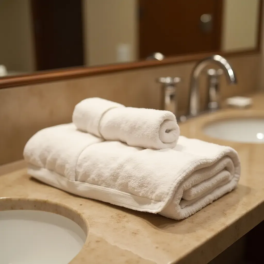 a photo of elegant towels displayed in a high-end hotel bathroom