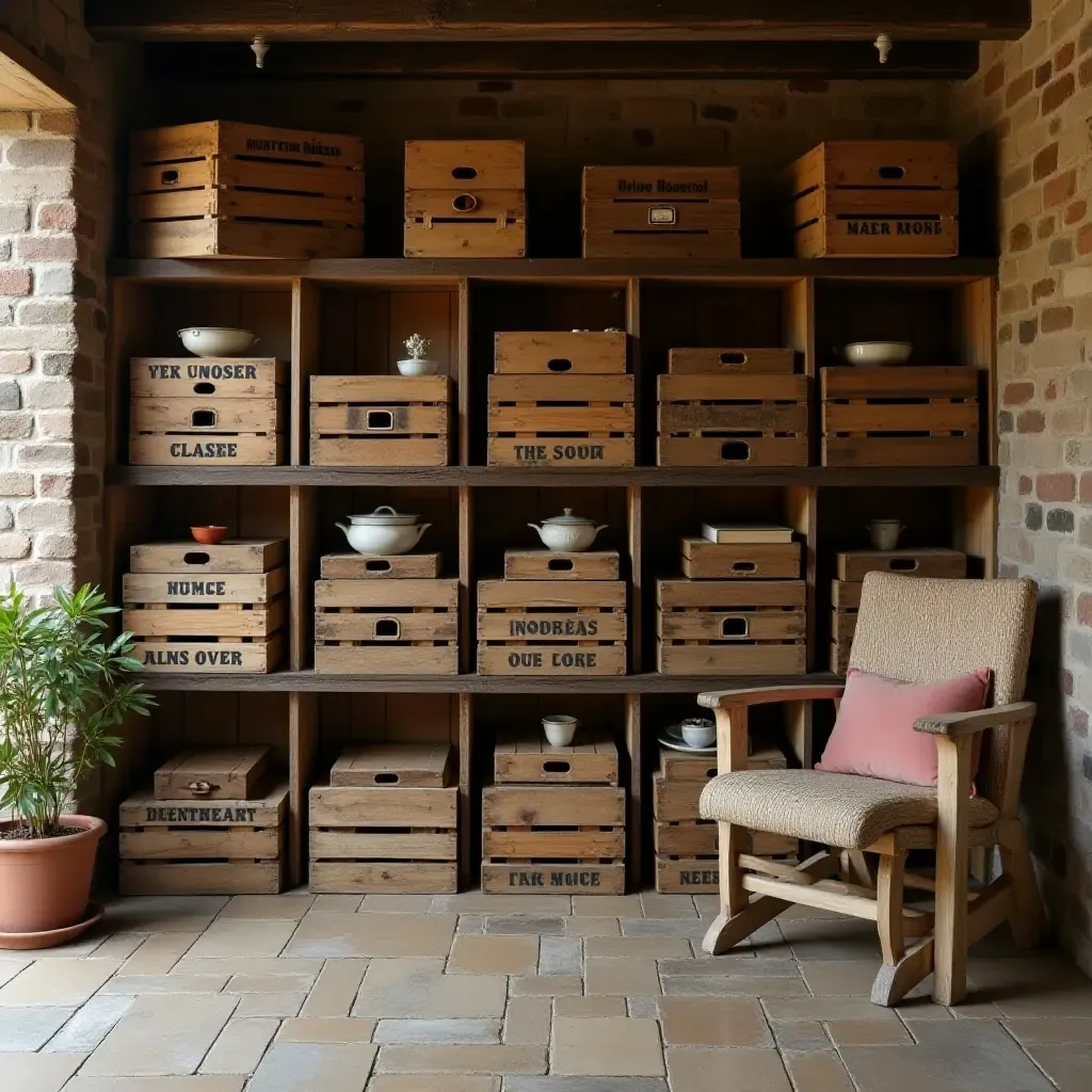 a photo of a rustic basement with vintage crates for storage