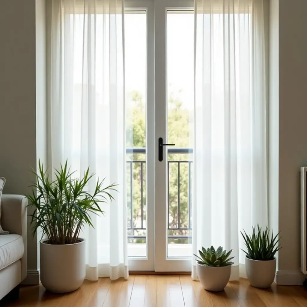 a photo of a balcony draped with sheer white curtains and potted succulents