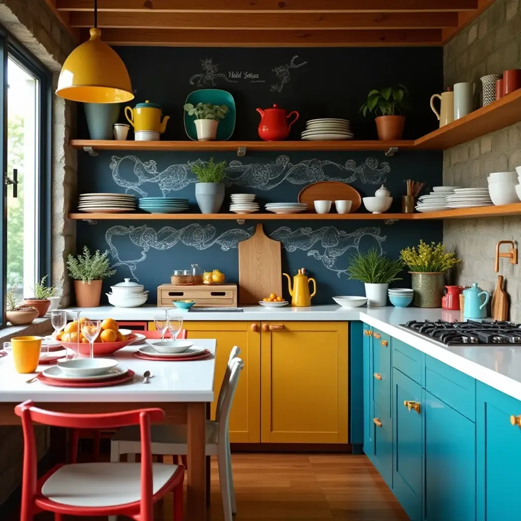 a photo of a colorful kitchen with chalkboard accents and vibrant dishware