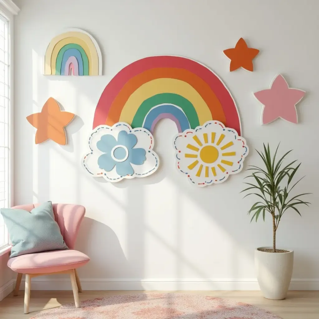 a photo of a gallery wall with a rainbow color scheme and playful designs