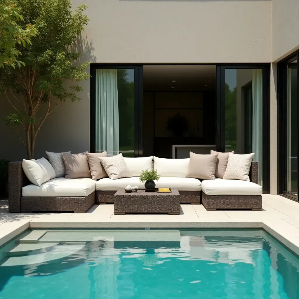 a photo of a chic lounge area with a stylish outdoor sofa by the pool