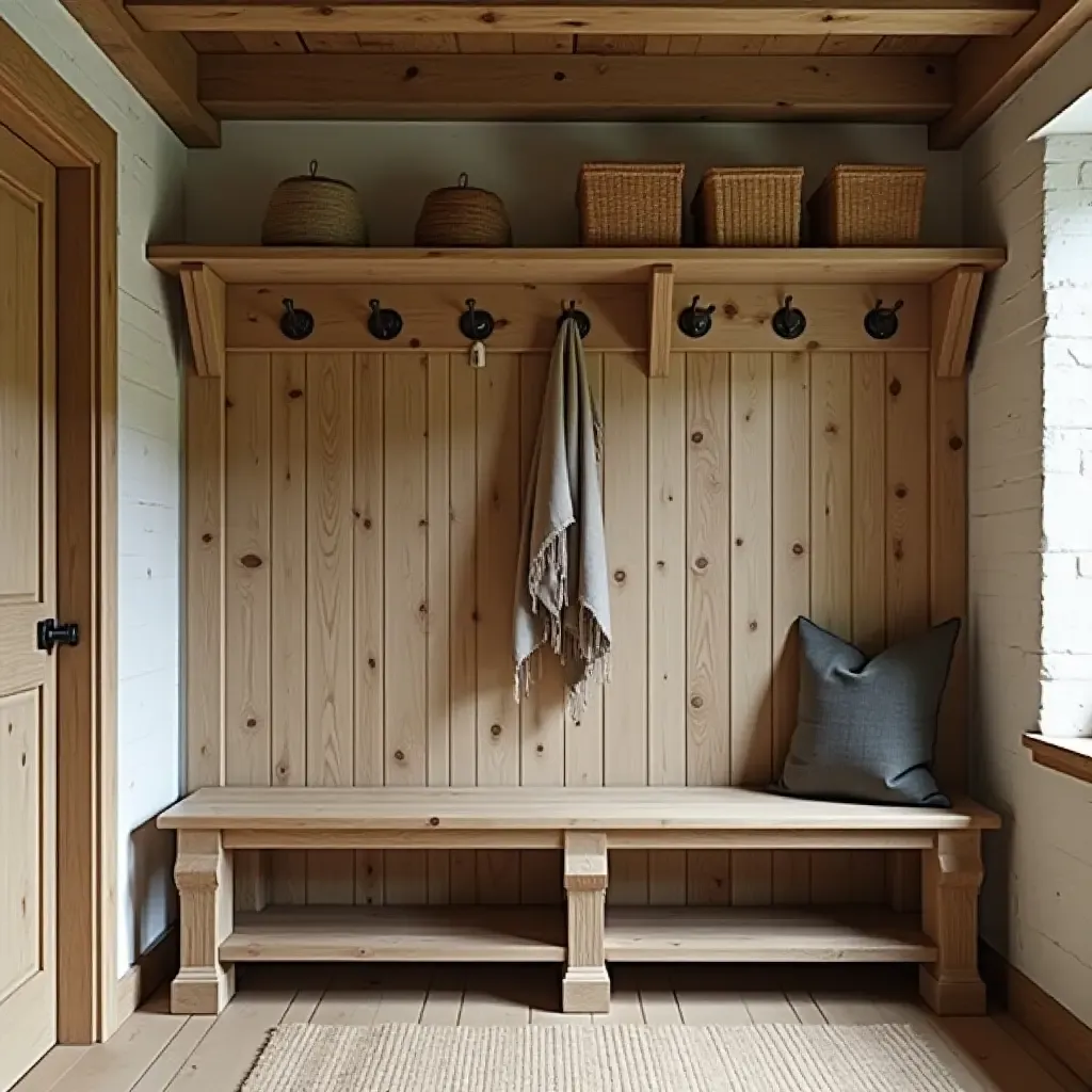 a photo of a rustic entrance with a wooden bench and hooks