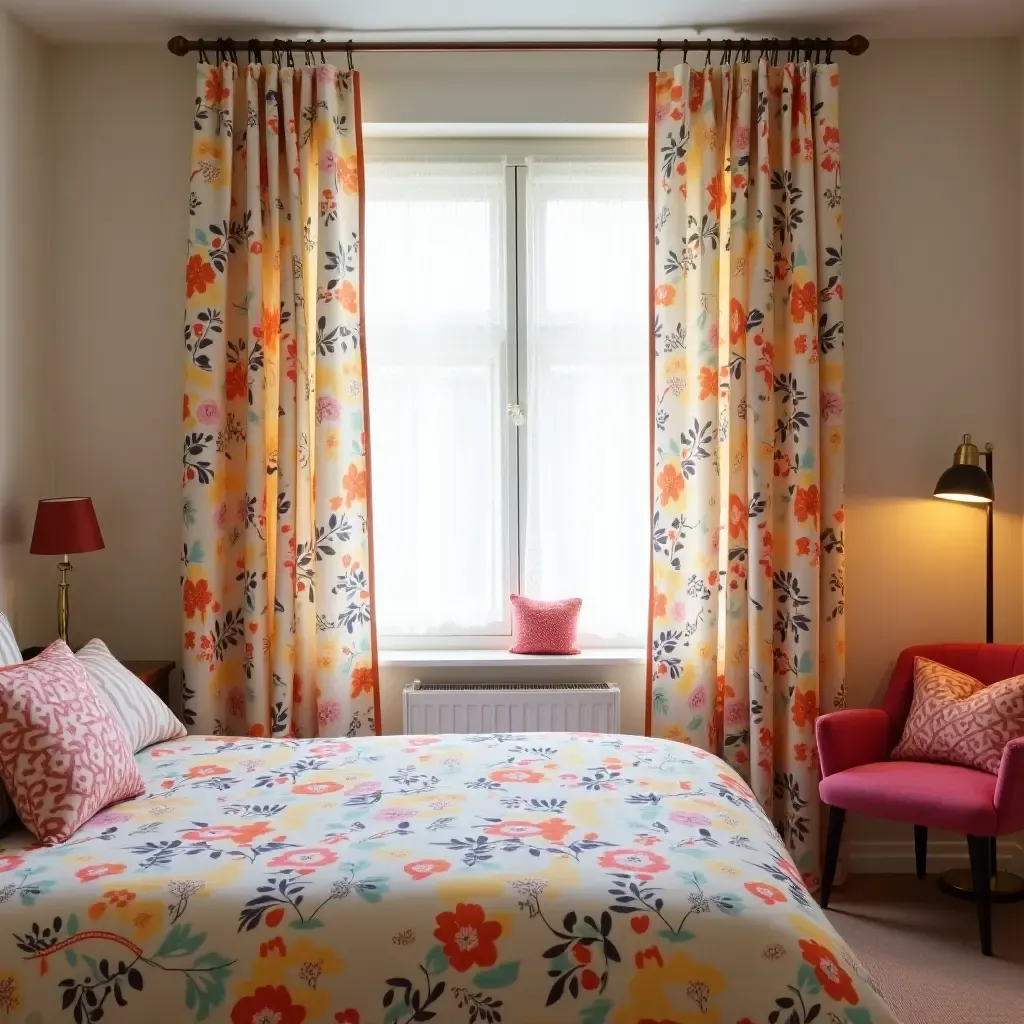 a photo of a room with whimsical, colorful curtains and matching bedding