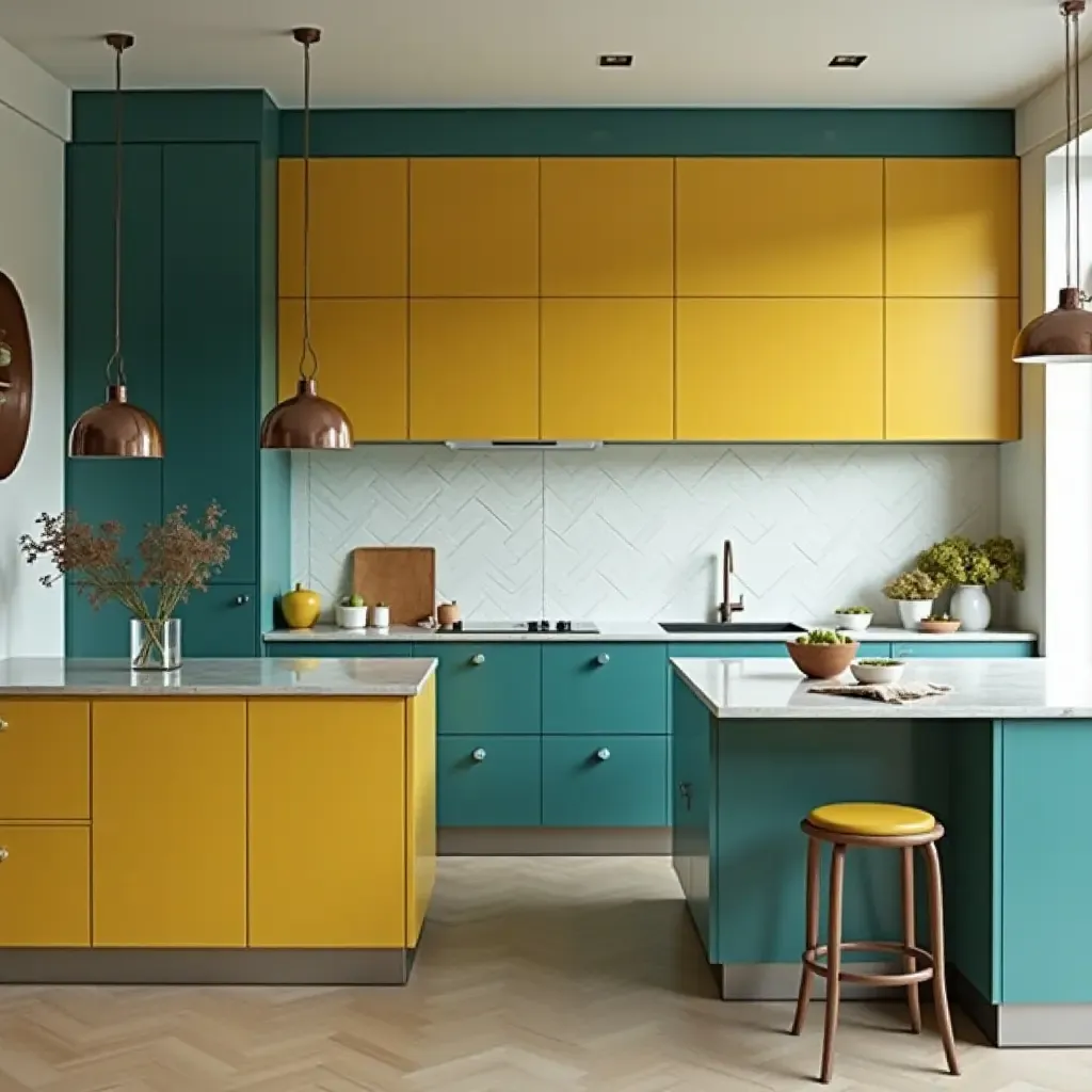 a photo of vibrant teal and mustard yellow kitchen cabinets