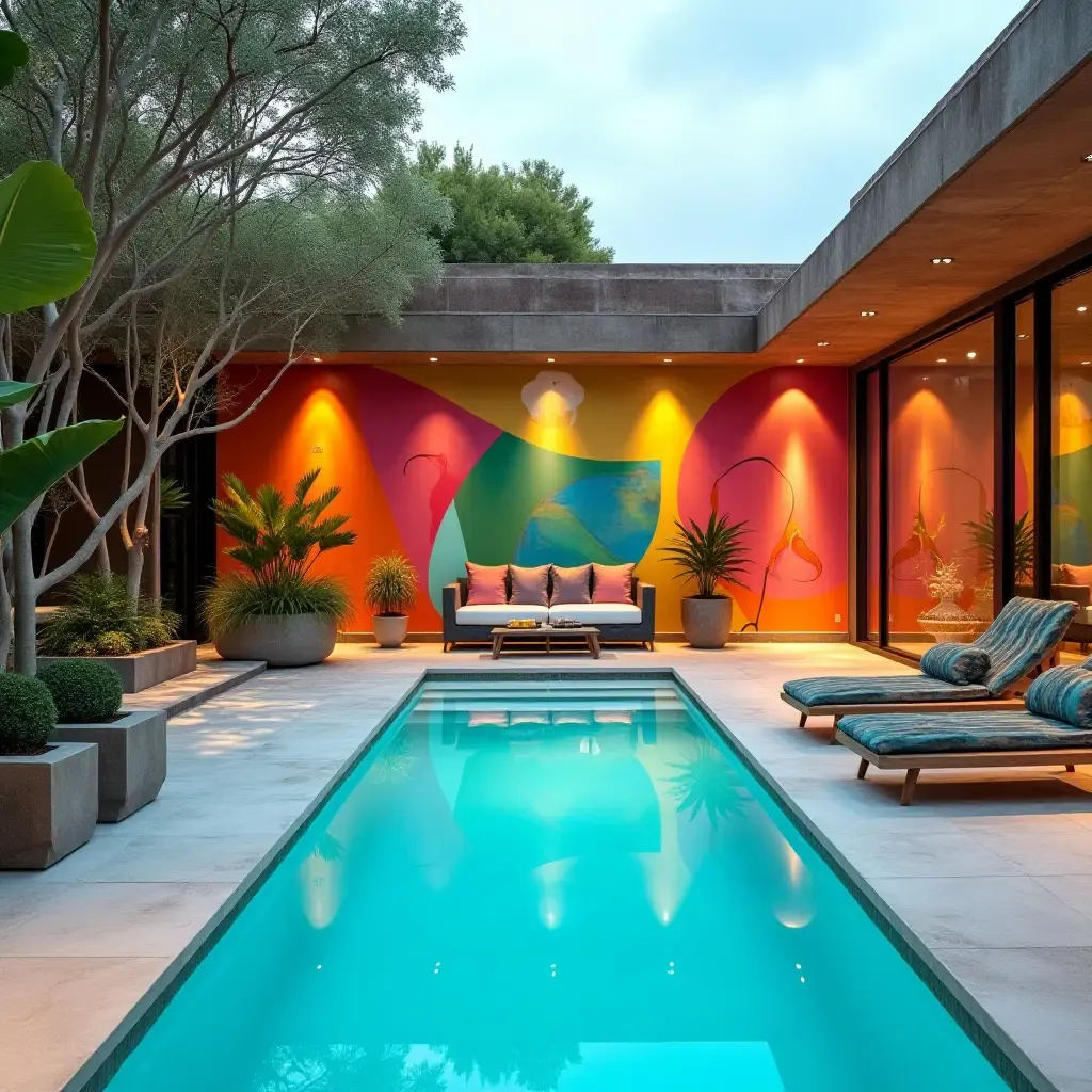 a photo of a vibrant pool area with metallic art pieces and colorful decor