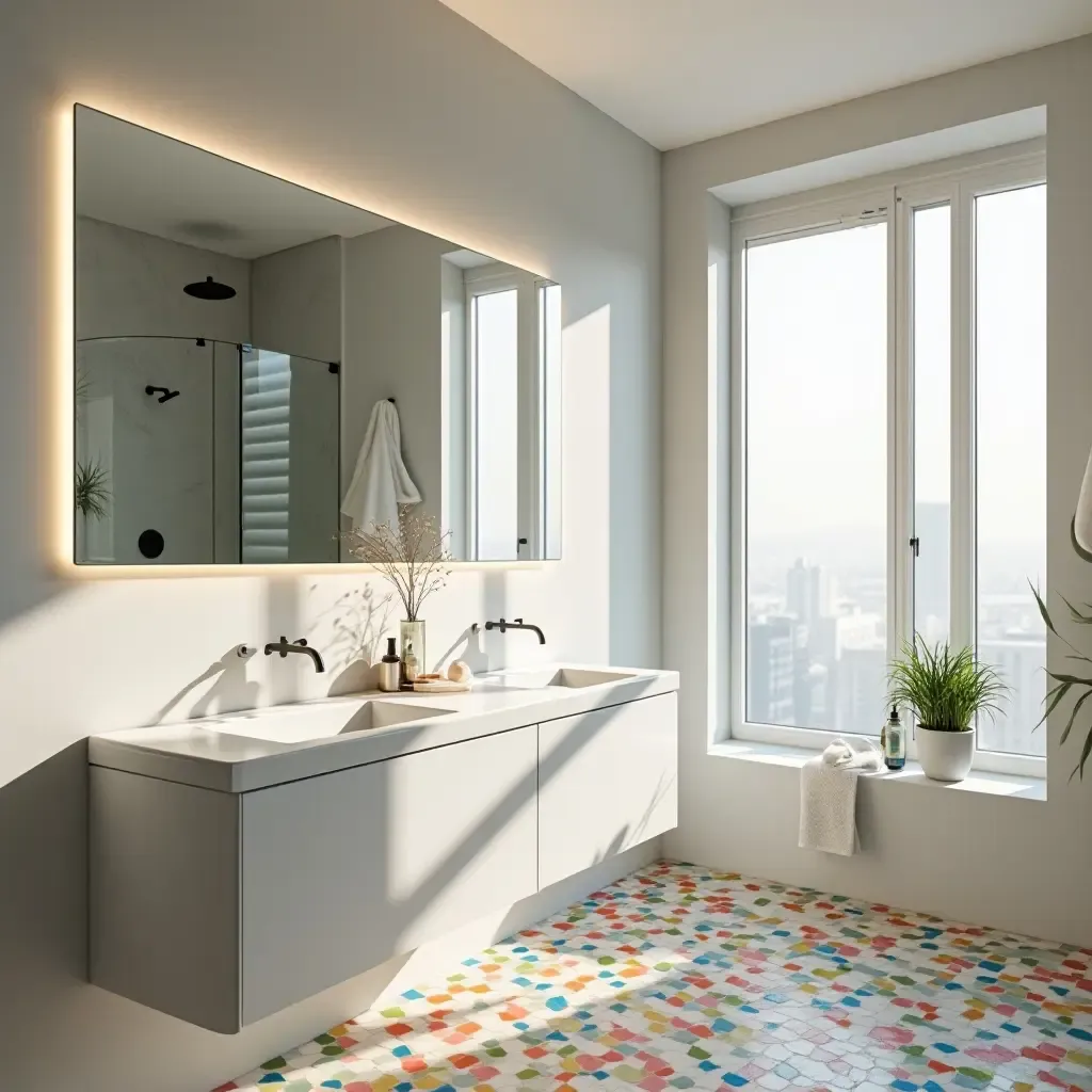 a photo of a bright bathroom with a frameless mirror and colorful tiles