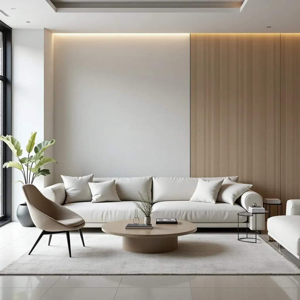 a photo of a sleek living room with a minimalist coffee table and stylish chairs