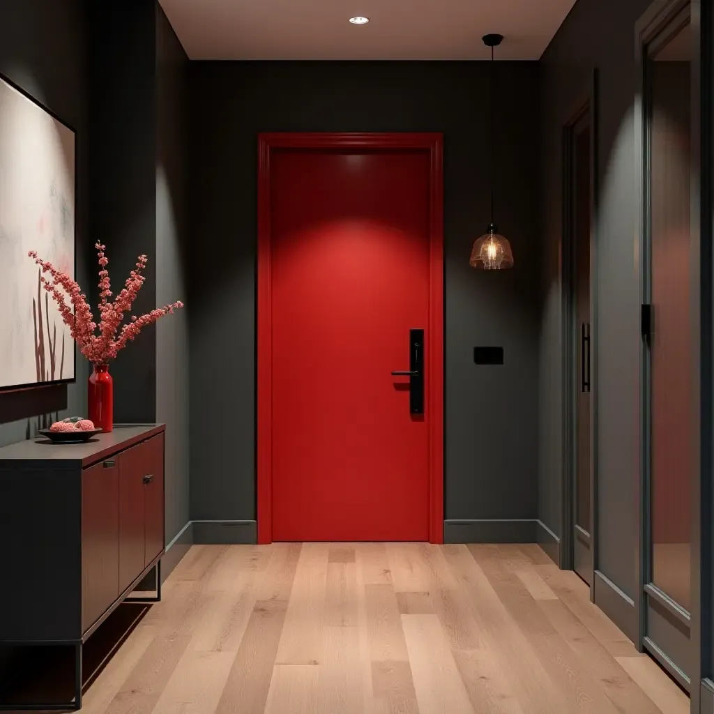 a photo of a stylish charcoal gray and vibrant red entrance hall with modern art