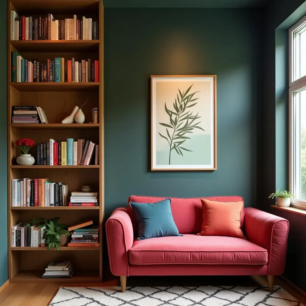 a photo of a reading nook with a colorful bookshelf and artwork