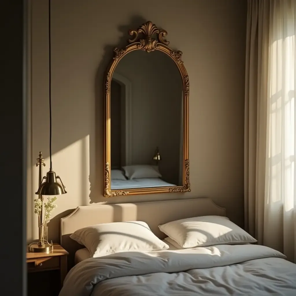 a photo of a vintage mirror reflecting light above a bed