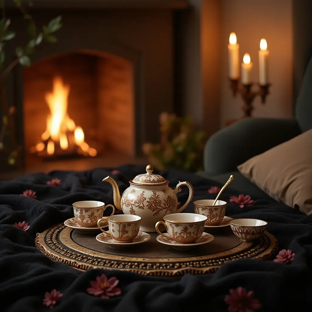 a photo of a cozy nook with a potion-themed tea set