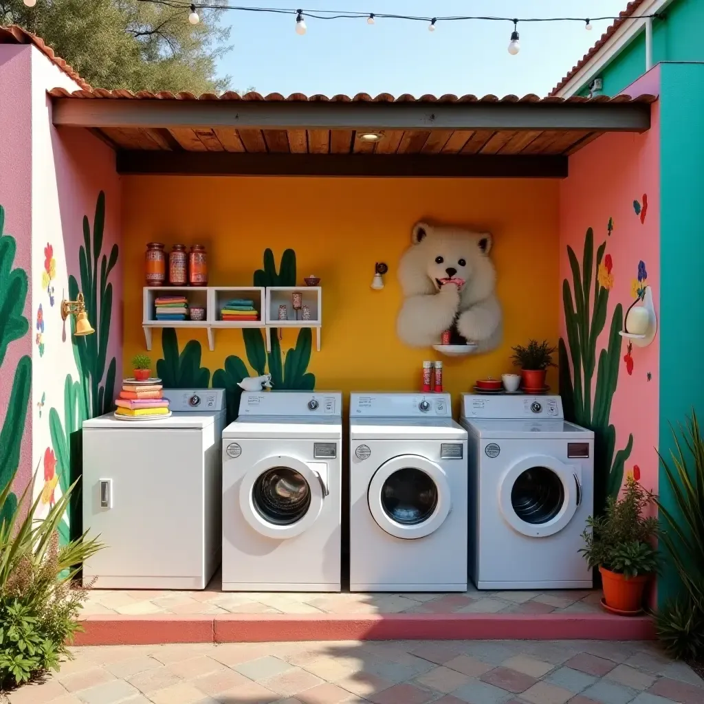 a photo of a colorful outdoor laundry area featuring artistic wall murals and bright accessories