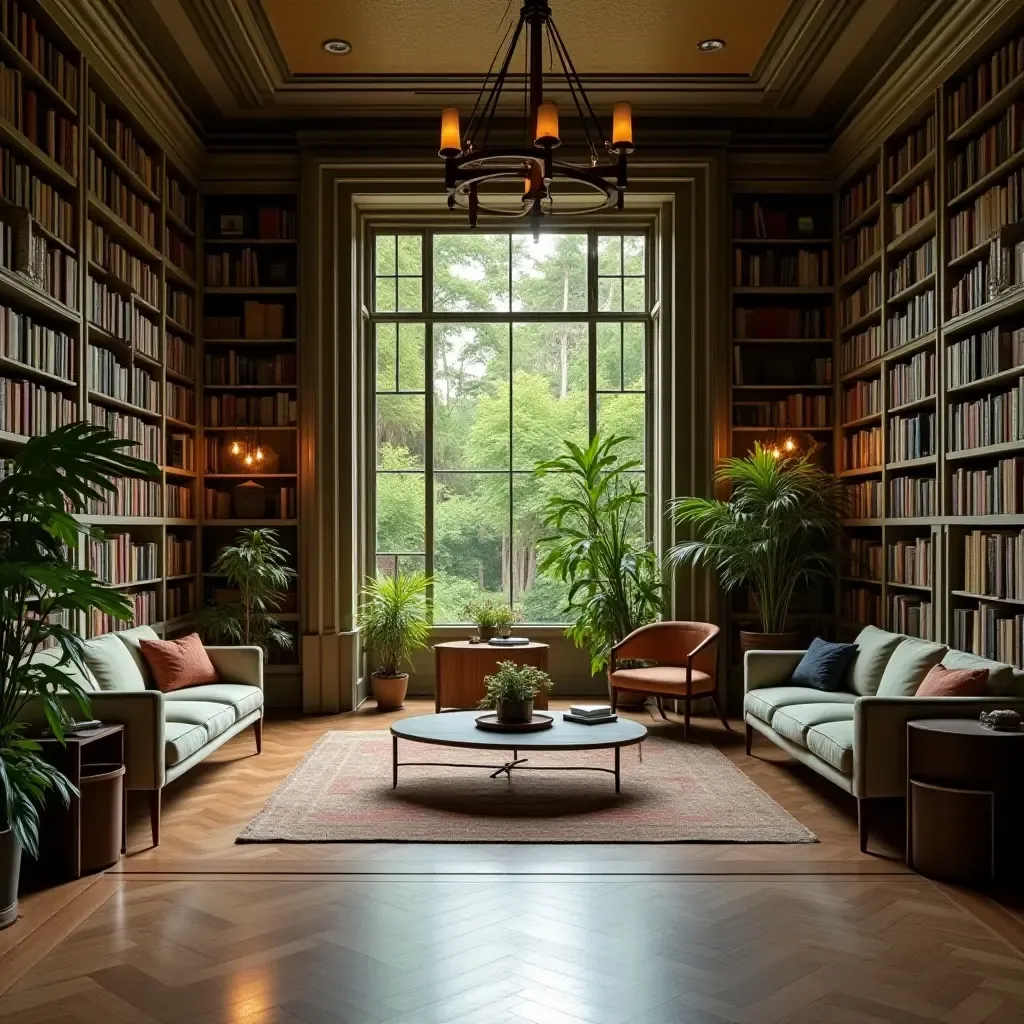 a photo of a serene library with a large mirror reflecting greenery