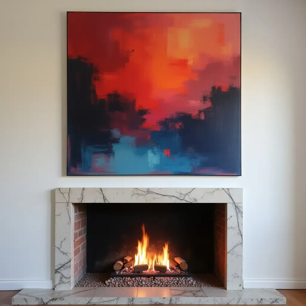 a photo of a bold abstract painting in deep colors above a fireplace