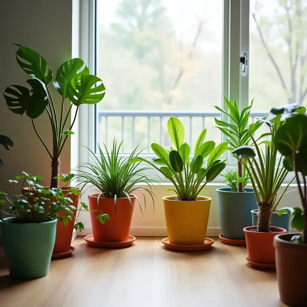 a photo of indoor plants in colorful pots scattered throughout the room